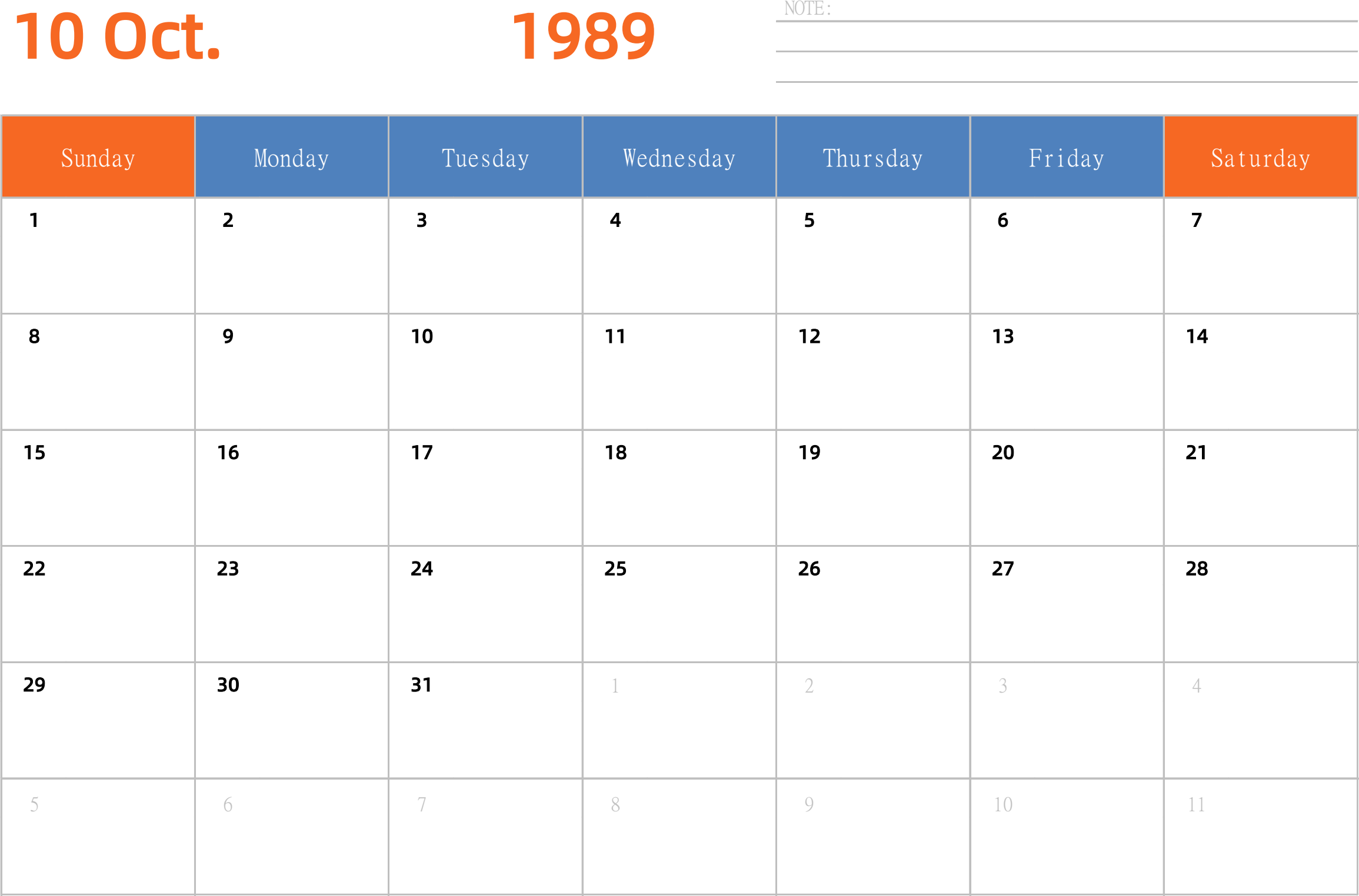 日历表1989年日历 英文版 横向排版 周日开始